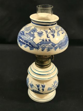Vintage Unmarked Japan Blue Willow Oil Lamp 4 Pc.  And Wick