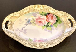 Vintage Hand Painted Nippon Rose Floral Design Handled Dish Ornate Gold Trim