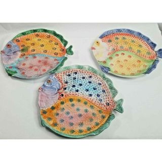 Set Of 6 Handpainted Multi - Color Ceramic Fish Plates 10 " Made In Italy