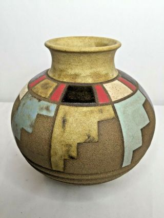 Sergio Naduville Studio Pottery Signed Raku Vase Southwest Geometric Designs