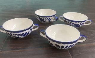 Anfora Puebla Blue Cream Soup Bowls With Handles Set Of 4