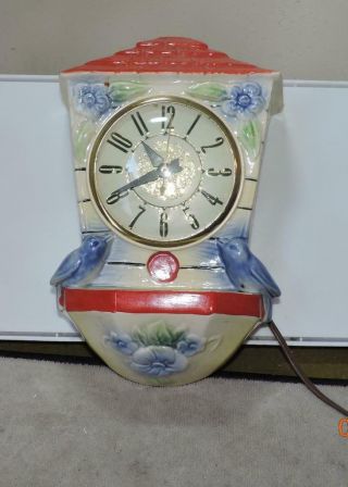 Vintage Hull Art Pottery Blue Bird House Bath Feeder Clock Wall Pocket Vase