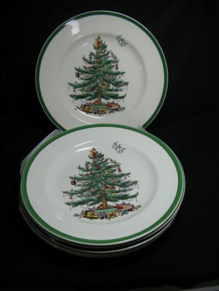 4 Spode Christmas Tree 10.  5 " Dinner Plates Green Rim Made In England