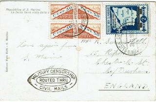 San Marino 1945 Postcard To England,  Oval Military Censor Handstamp