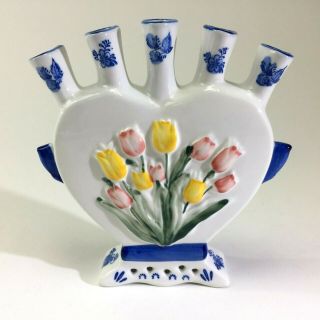 Vtg Royal Twickel Ter Steege Heart Delftware Tulip Pattern Five Finger Vase