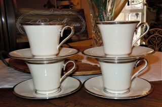 8 Piece Lenox Solitaire Platinum Band Tea Saucer & Tea Cup Set