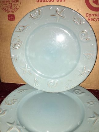 9 PcThomson Pottery Cape Cod Rustic Blue Embossed Shell Dinner Plates Set 2