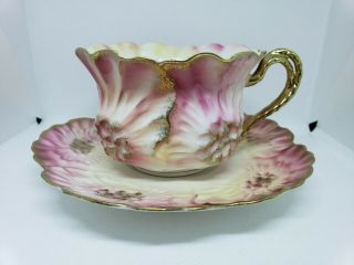 R S Prussia Tea Cup And Saucer Pink,  Gold And Floral Design