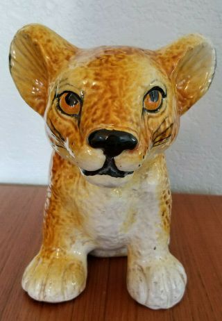 Italian Pottery Lion Cub Figurine Baby Lion Statue 7.  5 Inches Large Vintage Cat