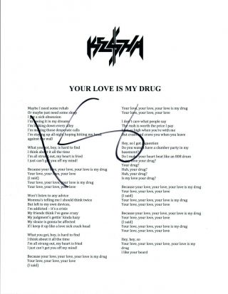 Kesha Signed Autographed " Your Love Is My Drug " 8.  5x11 Song Lyric Sheet Ab