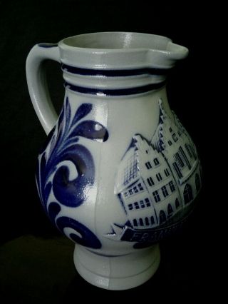 Vintage Schilz Hand Decorated Stoneware Salt Glaze Pitcher Frankfurt 8 " Germany
