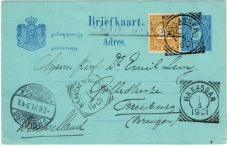 Netherlands Indies 1901 Makassar Cancel On Postal Card,  Agent Singapore Cancel
