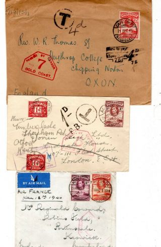 1940 Gold Coast To Gb Covers X 3 / Censored / Taxed / Air France.