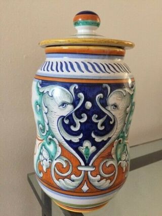Vintage Handmade Italian Ceramic Apothecary Jar With " Delfino " From Siena 8.  5”