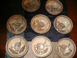 Set Of 8 Artist Signed Hand Painted Pottery Bowls Large 6 " Diameter,  3 " Deep