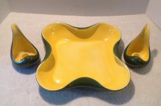 Red Wing Pottery Dish 1306 Candle Holders B1409 Yellow Green Belle Kogan 1950 