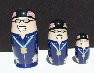 Vtg 3 - Pc Wood Usa Olympic Swimmer / Swimming W/ Gold Metal Nesting Doll