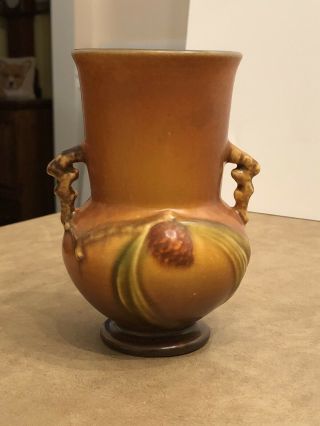 Vintage 1930s Roseville Pine Cone Brown Two - Handle Vase 839 - 6