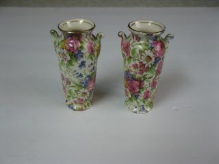 2 Vtg Ceramic Wright Tyndale Van Roden Chintz Vase England Springtime Dbl.  Handle