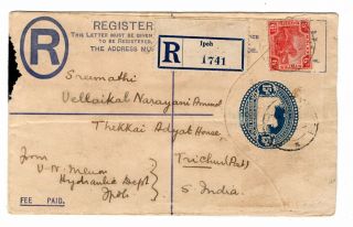 1930 Malaya To India Uprated Registered Envelope / Ipoh.