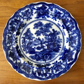 Antique C1860 Flo Flow Blue Dark Dinner Plate Chinese Floral Pagoda Chinoiserie