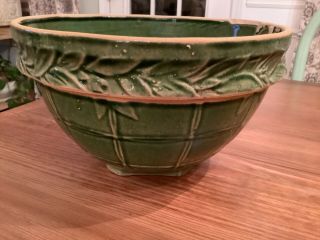 Antique Mccoy Green Yellow Ware Waffle Weave Laurel Leaves Rim Mixing Bowl 9”