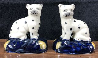 Matched Pair 2 Antique Staffordshire Cat Figurines Blue Pillow Black Spots