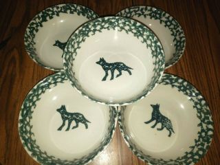 5 Wolf Dog Coyote Cereal Bowls 6 1/2 " Tienshan Country Green Sponge Folk Craft