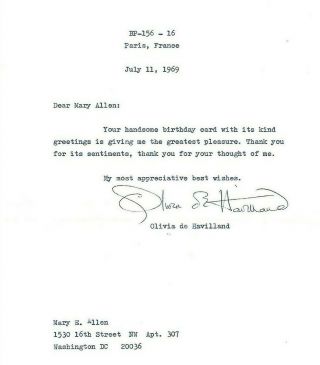 Olivia De Havilland Signed Letter 1969 Two Time Oscar Winner