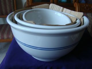 Crock Mixing Bowls Set Of 3 Gibson Stoneware White/ Blue Strip