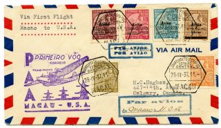 Weeda Macau 1937 First Flight Cover To Usa/calgary,  Canada,  Overprinted Issues