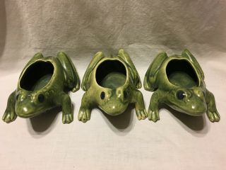 3 Set Vintage Mccoy? Unmarked Art Pottery Green Frog Planters Flower Pot Figure