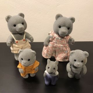 Sylvanian Families Vintage Evergreen Grey Bear Family Figures With Baby