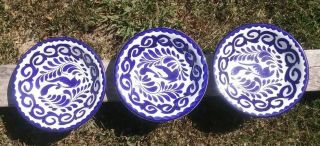 Vtg Anfora Puebla Blue Set 3 Soup Bowls Hand Painted Mexican Hacienda 8 "