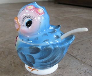 Vgc Vintage Rare Lefton Blue Bird Lidded Sugar Bowl W/spoon