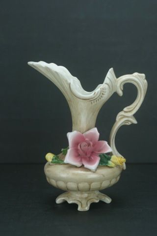 Vintage Capodimonte Ewer Pitcher Rose Floral Flower Vase