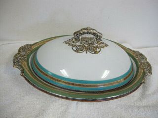 Antique Copeland China Covered Vegetable Serving Bowl Blue Green Gold
