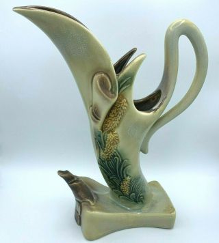 Vintage Hull Usa Pottery Parchment And Pine Ewer Vase Green Brown S - 7 14 "
