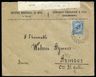 1919 British Military Censored Cover Pmk Constantinople To Azmoos Switzerland