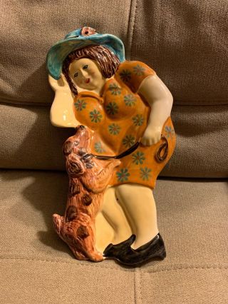 Rare Vintage Ceramic Lady With Hat And Dog Wall Hanging Italy Hand Painted