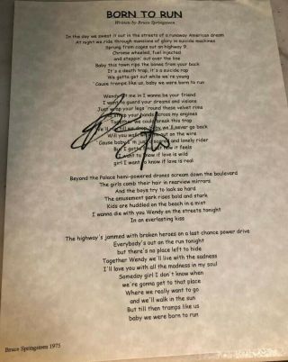 Autographed Signed Lyric Sheet Bruce Springsteen Born To Run
