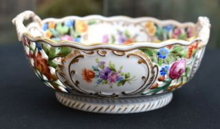 Vtg Antique Dresden Hand Painted Flowers Reticulated Basket Handle Bowl Germany
