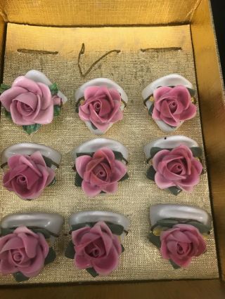 Set Of 9 Dresden Germany Porcelain 3d Flower Pink Rose Place Card Holders
