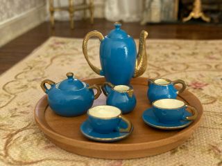 Vintage Miniature Dollhouse 1:6 Hand Carved Wooden Tea Serving Set Germany Blue