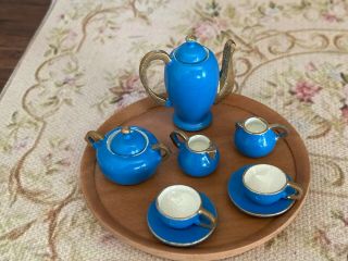 Vintage Miniature Dollhouse 1:6 Hand Carved Wooden Tea Serving Set Germany Blue 2