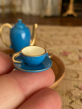 Vintage Miniature Dollhouse 1:6 Hand Carved Wooden Tea Serving Set Germany Blue 3