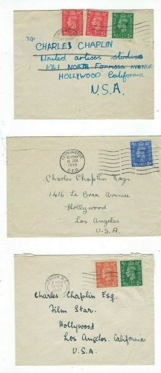 Three Movie Star Envelopes England Kgvi To Charlie Chaplin,  Studios In Hollywood