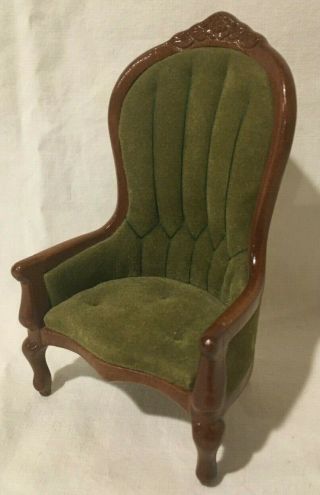 Vintage Dollhouse Miniatures Green Velvety High - Back Chair For Study