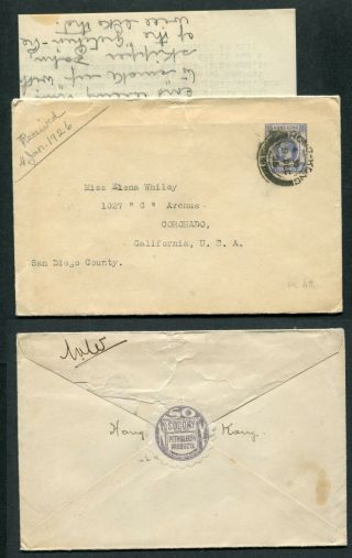 1925 China Hong Kong Gb Kgv 10c Stamp On Cover To U.  S.  A.  With Letter