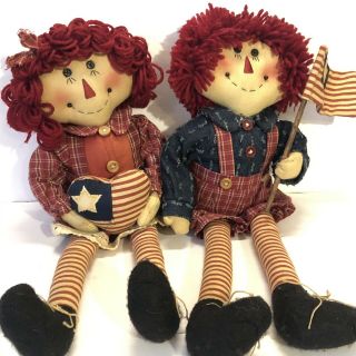 Adorable Folk Art Raggedy Ann And Andy 15 “pair Of Dolls Patriotic Americana